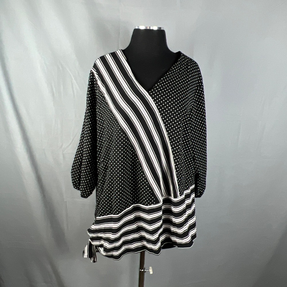 Est. 1946 Blouse Top Womens 14-16W Black White Polka Dot Asymmetrical Wrap Hem